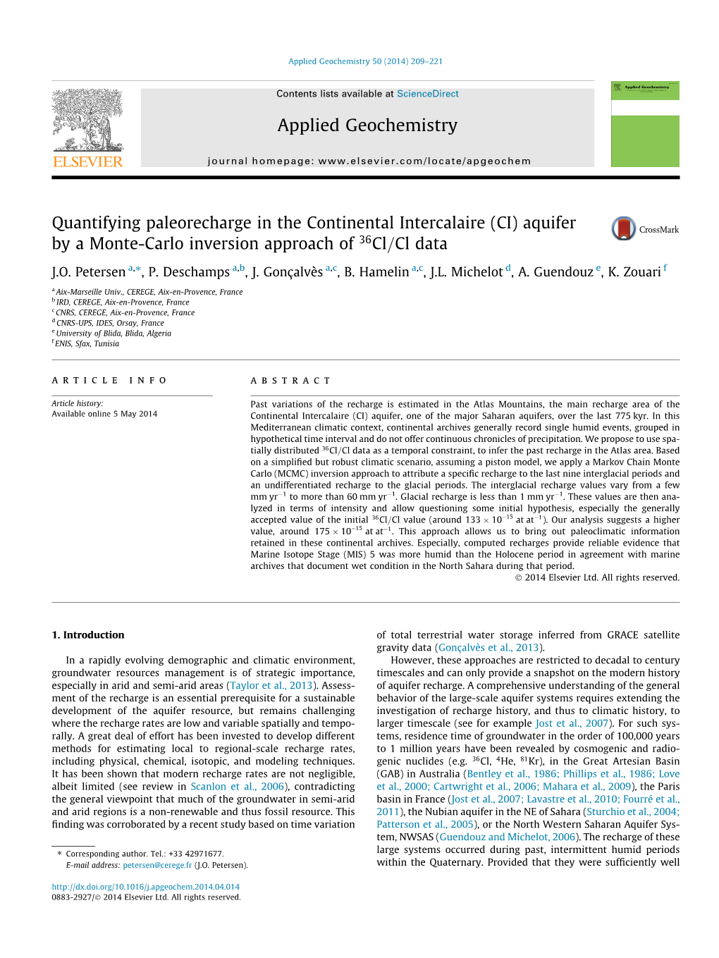 Quantifying Paleorecharge in the Continental Intercalaire (CI) Aquifer by a Monte-Carlo Inversion Approach of 36Cl=Cl Data ⇑ J.O