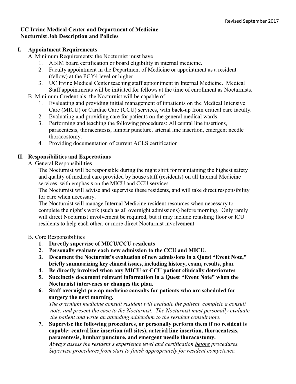 UC Irvine Medical Center and Department of Medicine Nocturnist Job Description and Policies