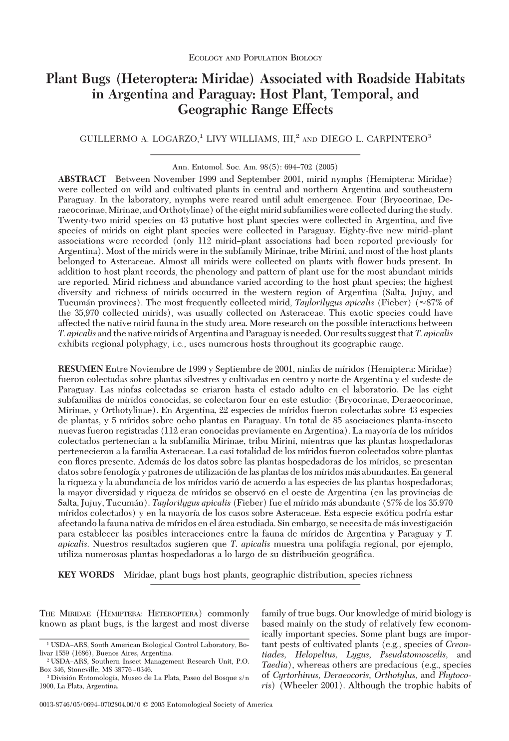 Plant Bugs (Heteroptera: Miridae) Associated with Roadside Habitats in Argentina and Paraguay: Host Plant, Temporal, and Geographic Range Effects