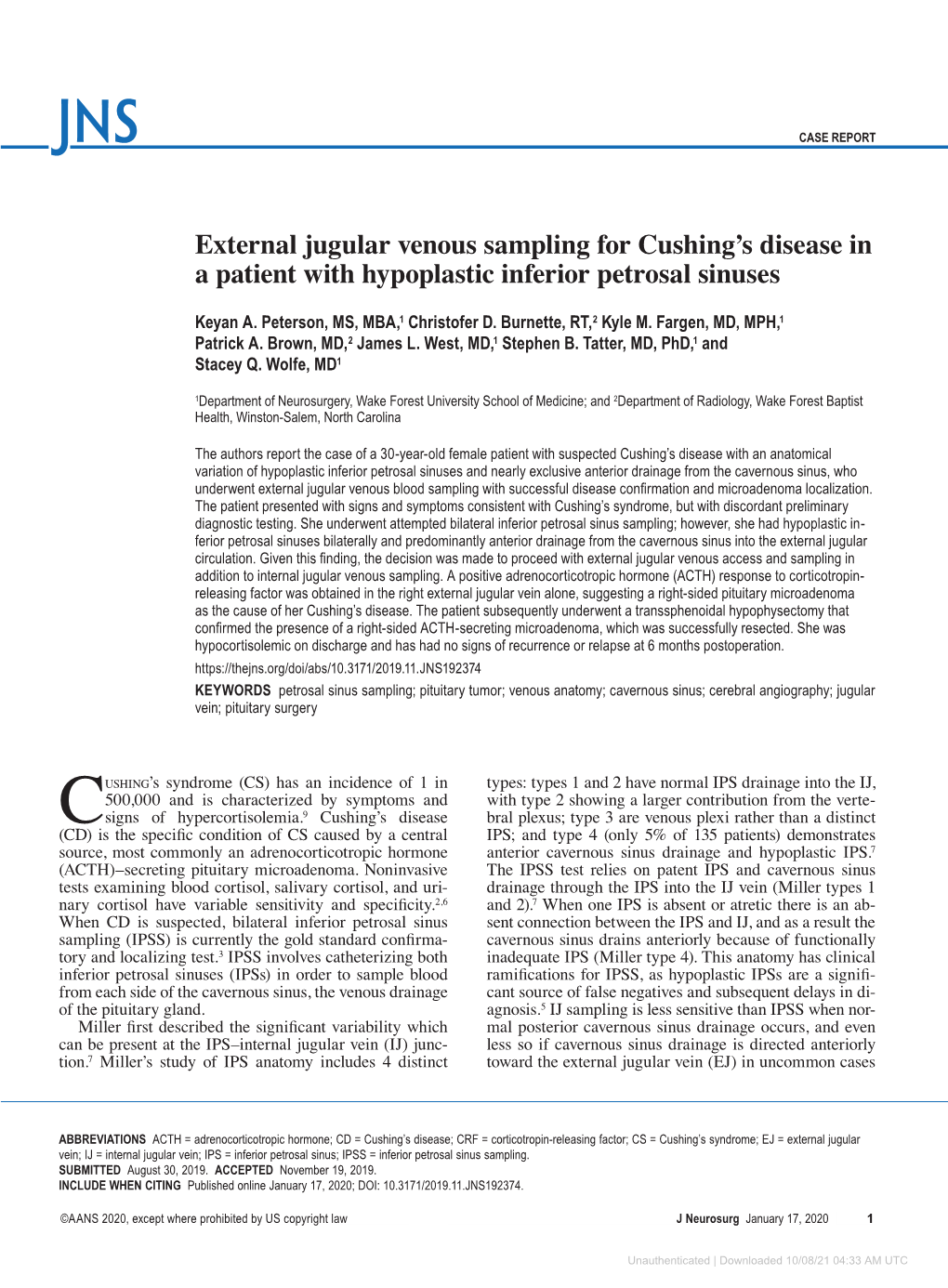 External Jugular Venous Sampling for Cushing's Disease in a Patient With