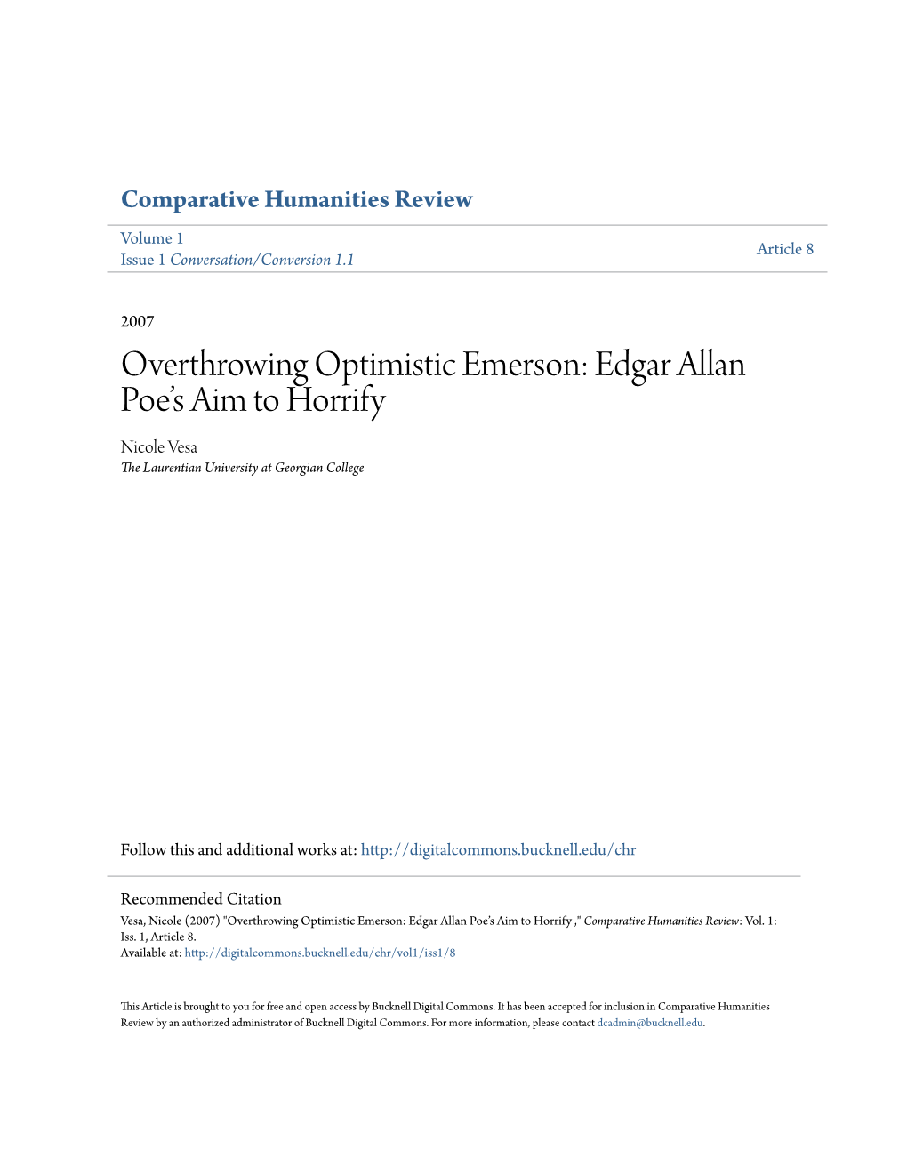 Overthrowing Optimistic Emerson: Edgar Allan Poe’S Aim to Horrify Nicole Vesa the Laurentian University at Georgian College