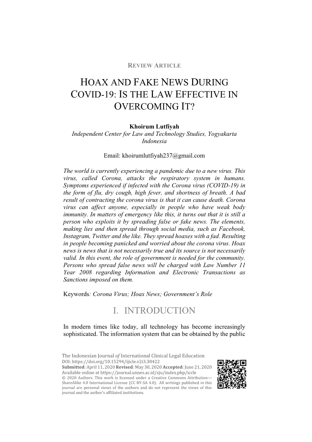 Hoax and Fake News During Covid-19: Is the Law Effective in Overcoming It?