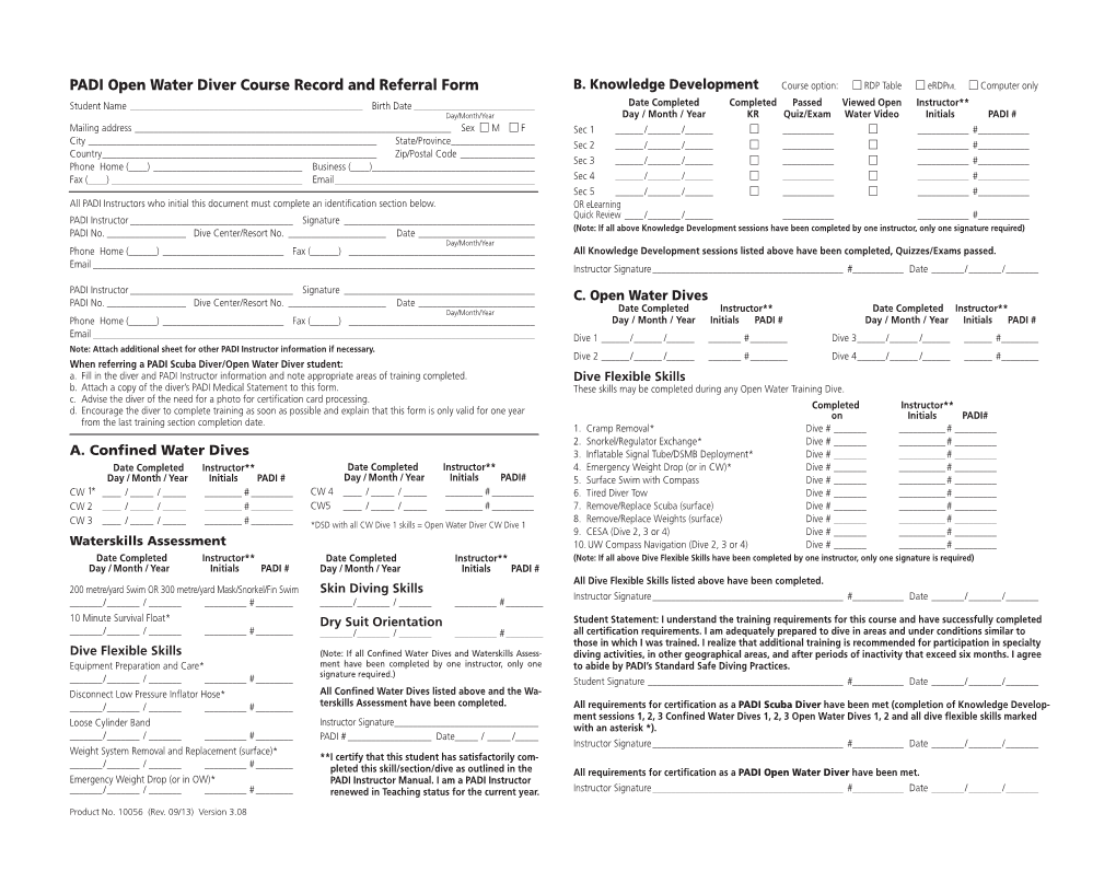 PADI Open Water Diver Course Record and Referral Form B