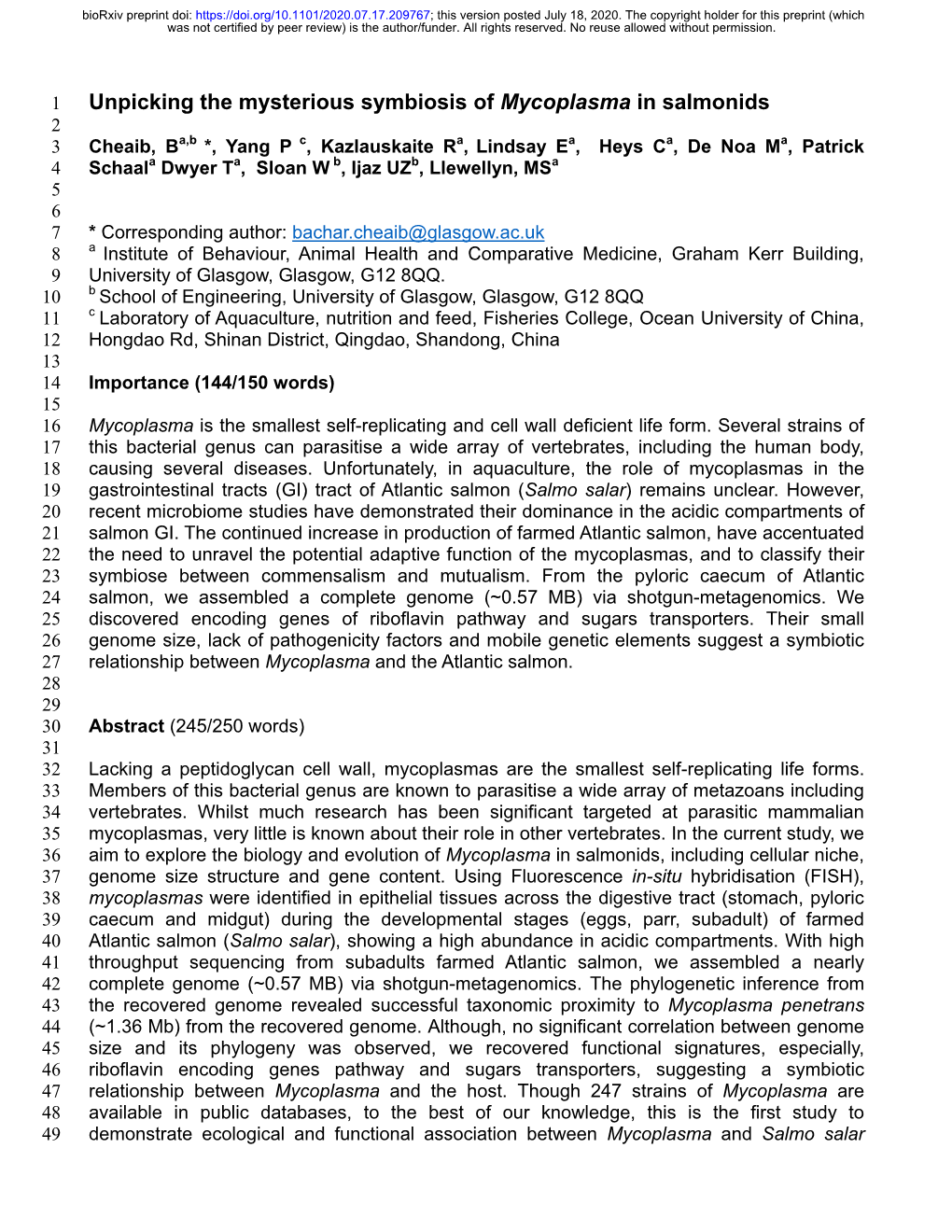 Unpicking the Mysterious Symbiosis of Mycoplasma in Salmonids