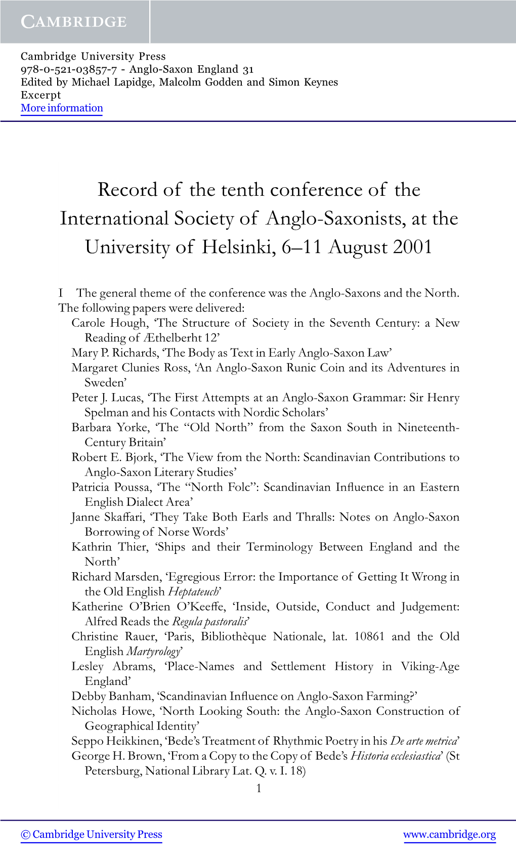 Record of the Tenth Conference of the International Society of Anglo-Saxonists, at the University of Helsinki, 6–11 August 2001