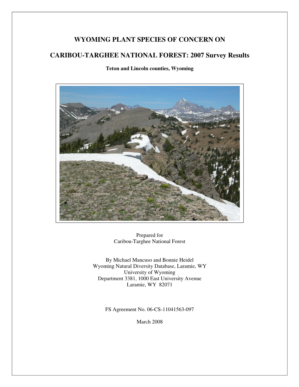 Wyoming Plant Species of Concern on Caribou-Targhee National Forest: 2007 Survey Results