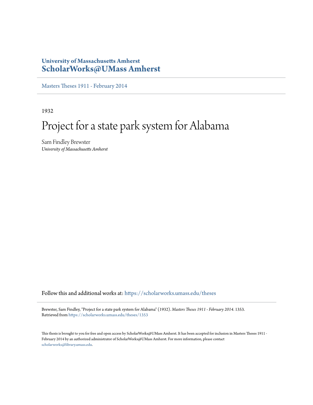 Project for a State Park System for Alabama Sam Findley Brewster University of Massachusetts Amherst