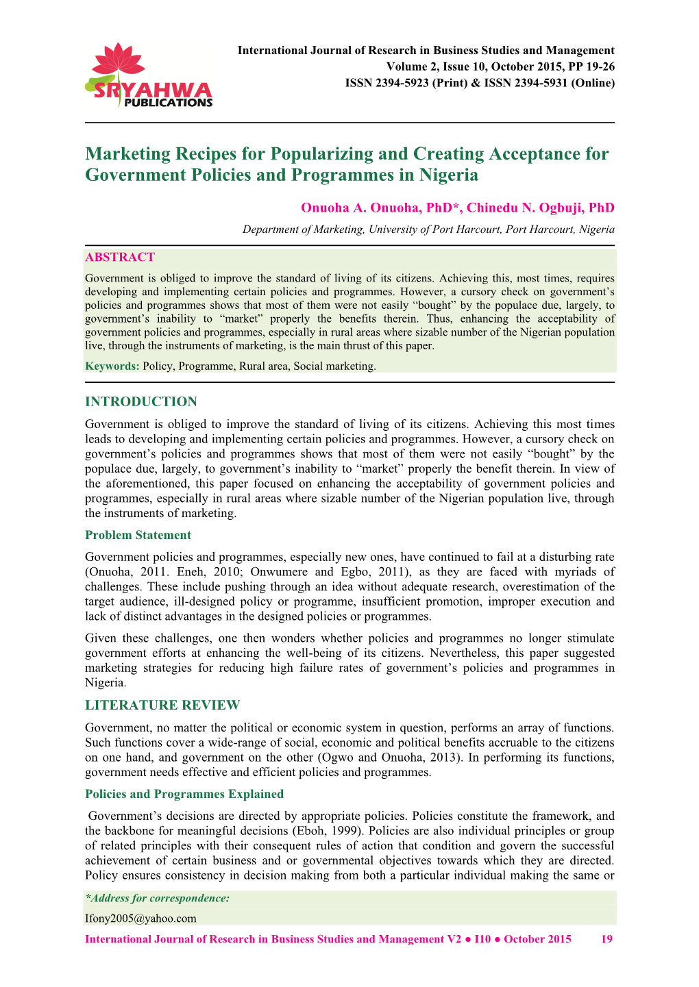 Marketing Recipes for Popularizing and Creating Acceptance for Government Policies and Programmes in Nigeria