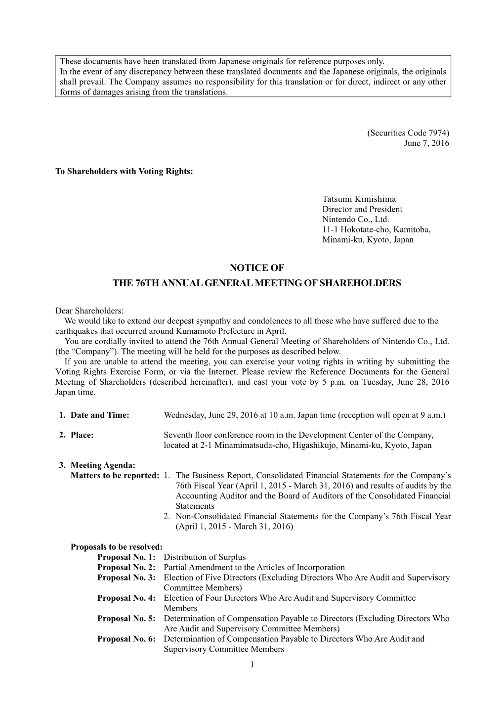 Notice of the 76Th Annual General Meeting of Shareholders (160KB)