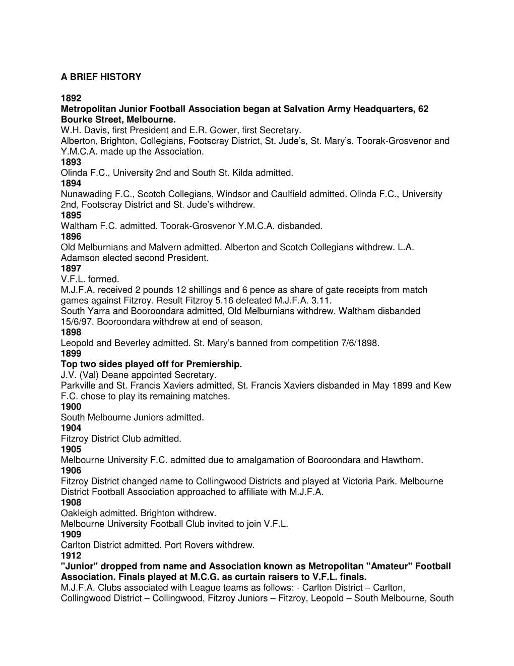 A BRIEF HISTORY 1892 Metropolitan Junior Football Association Began at Salvation Army Headquarters, 62 Bourke Street, Melbourne