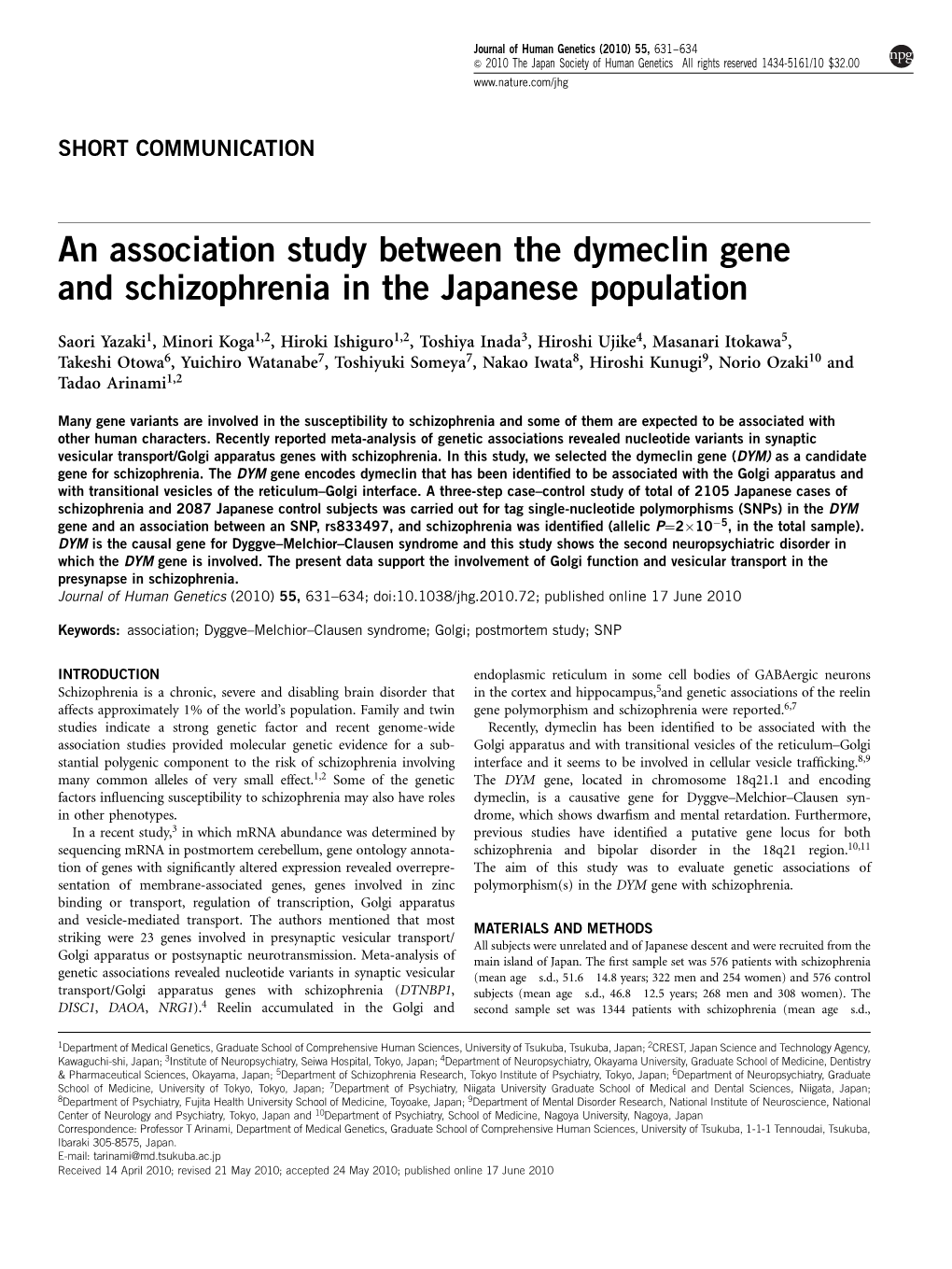 An Association Study Between the Dymeclin Gene and Schizophrenia in the Japanese Population