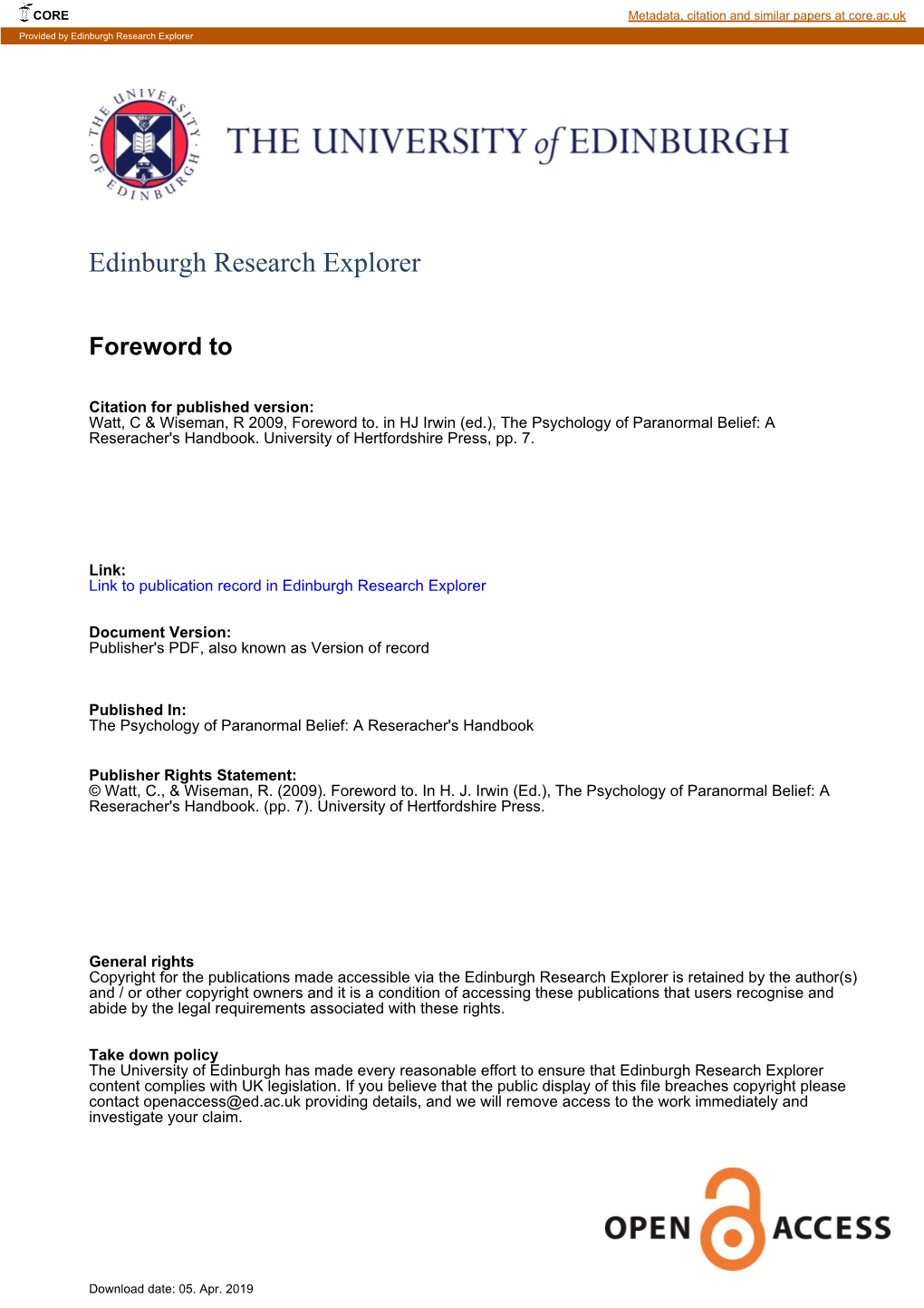 Psychology of Paranormal Belief.Indd 7 2/6/09 15:44:55 Viii the Psychology of Paranormal Belief