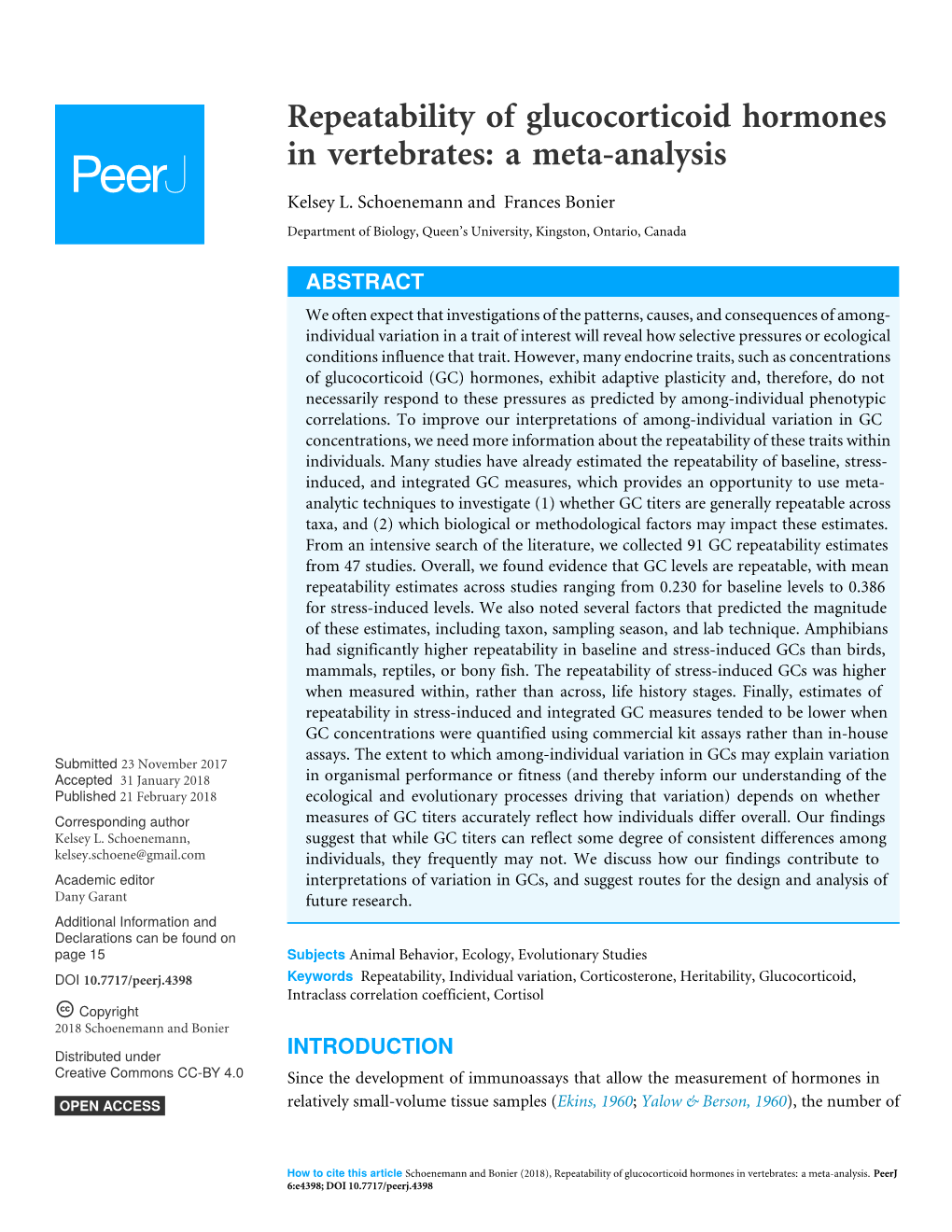 Repeatability of Glucocorticoid Hormones in Vertebrates: a Meta-Analysis