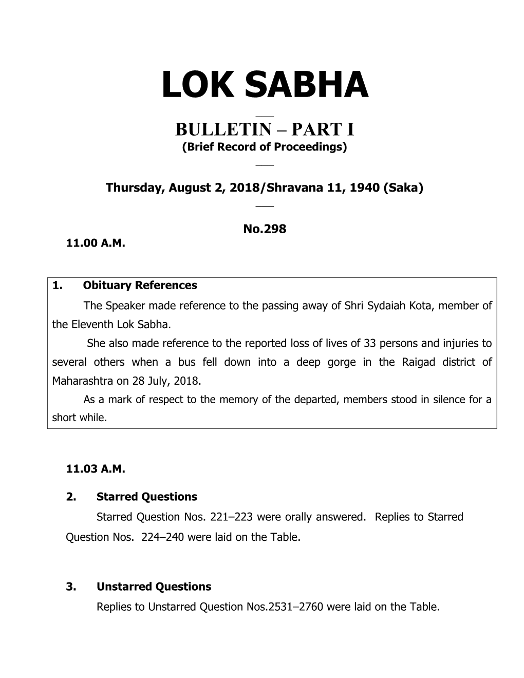 LOK SABHA ___ BULLETIN – PART I (Brief Record of Proceedings) ___