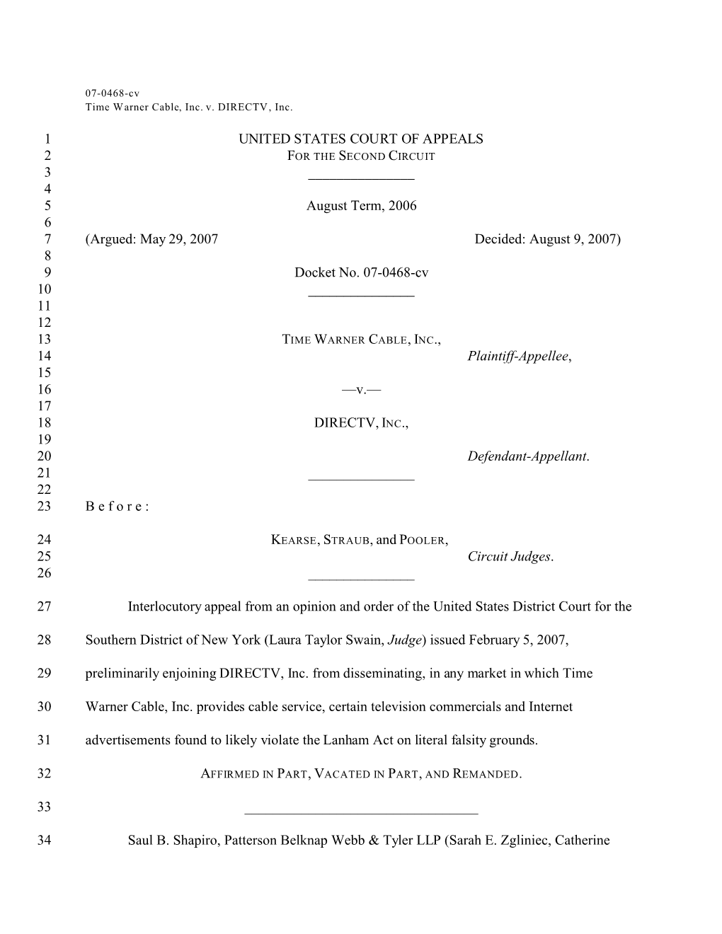 Time Warner Cable Inc. V. Directv, Inc