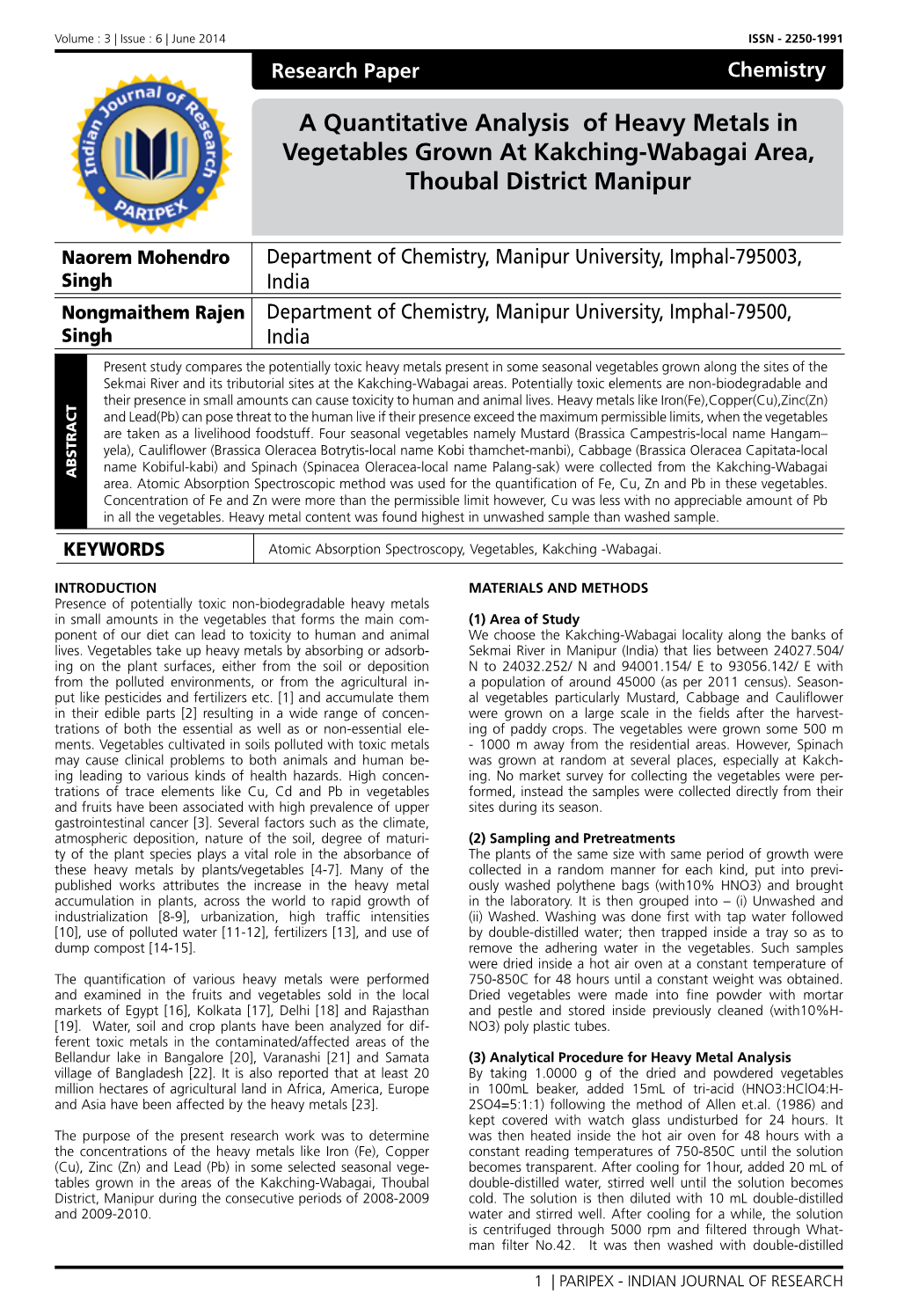 A Quantitative Analysis of Heavy Metals in Vegetables Grown at Kakching-Wabagai Area, Thoubal District Manipur