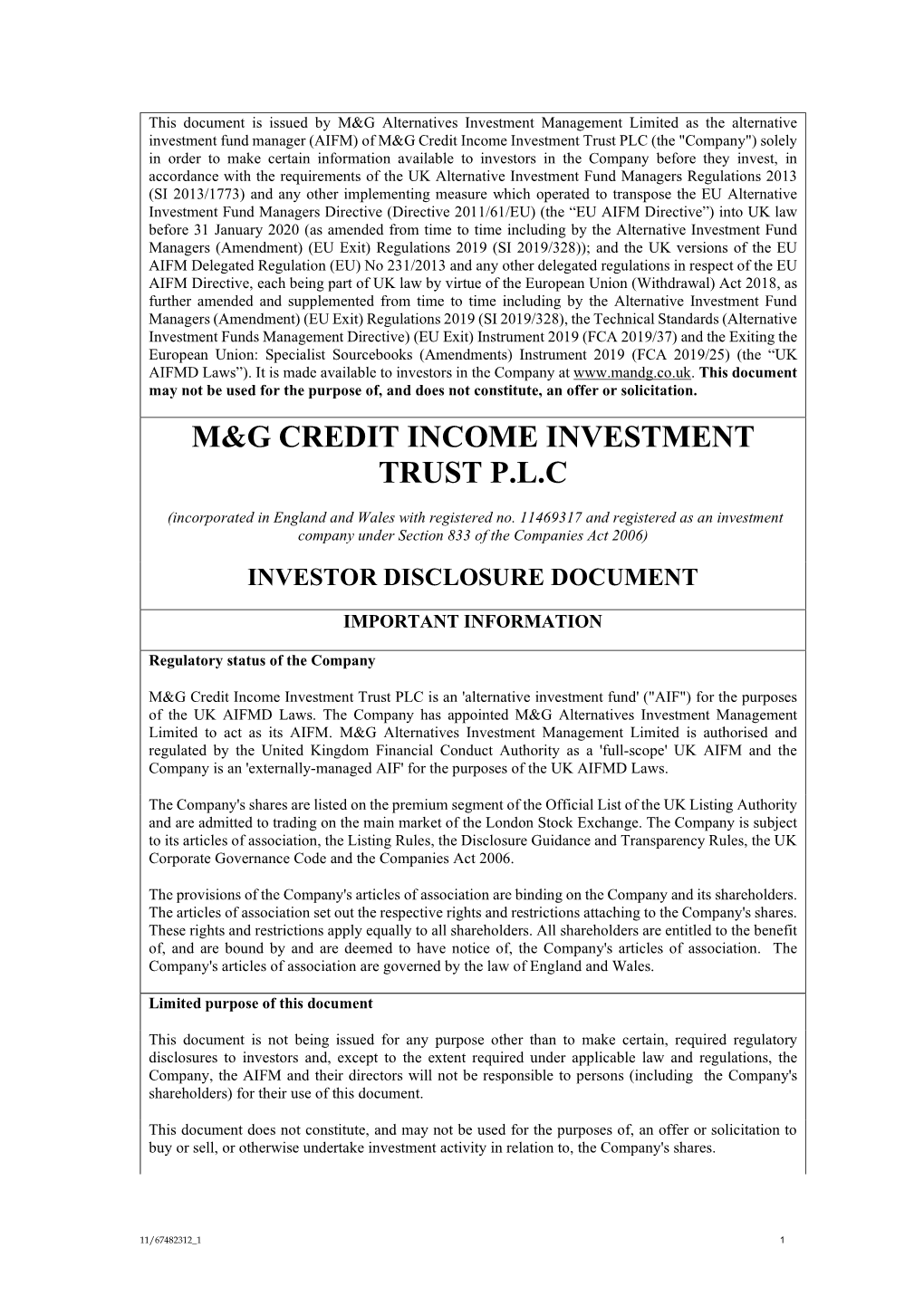 M&G Credit Income Investment Trust P.L.C