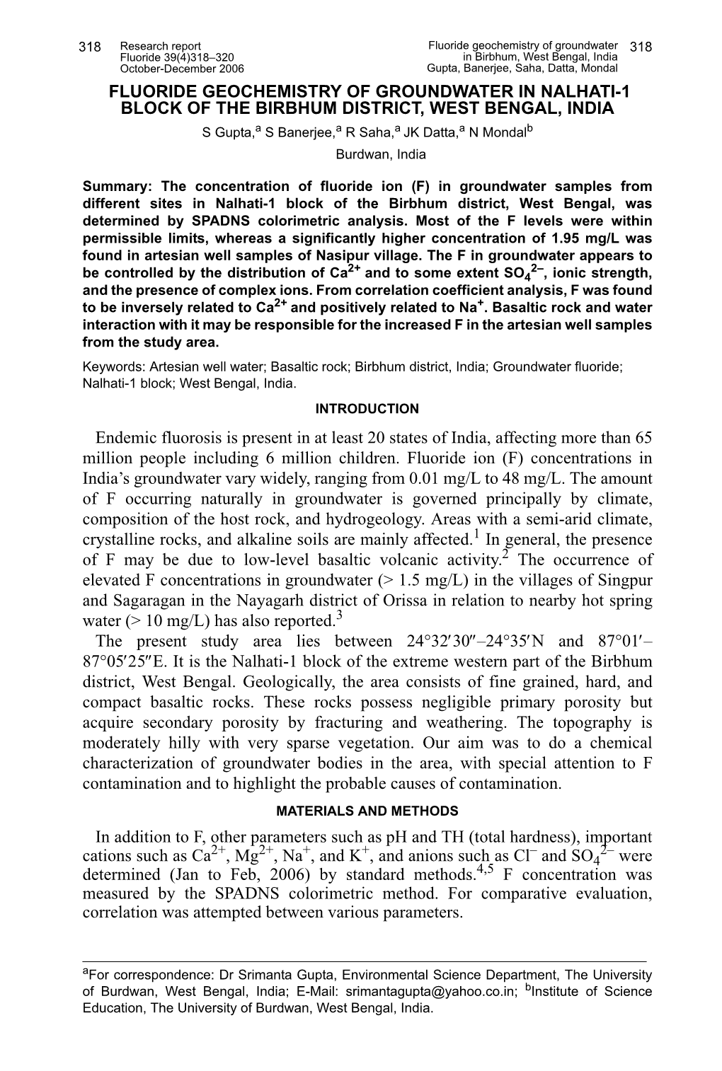 Fluoride Geochemistry of Groundwater in Nalhati-1