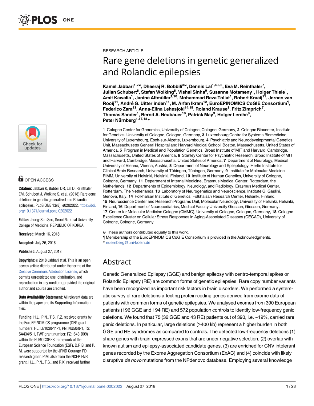 Rare Gene Deletions in Genetic Generalized and Rolandic Epilepsies