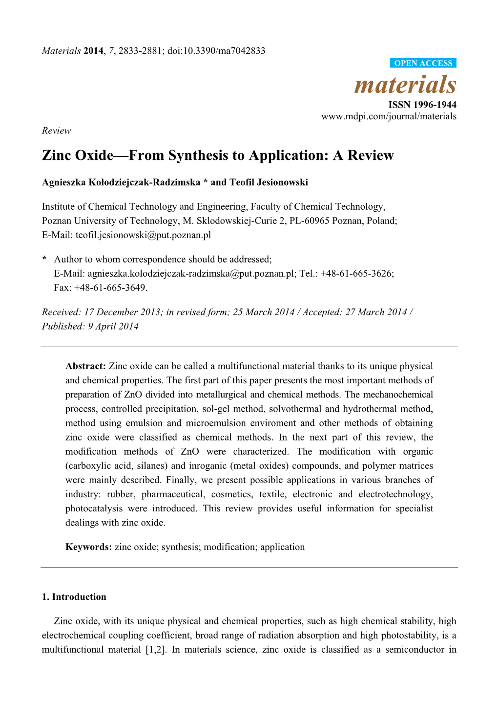 Zinc Oxide—From Synthesis to Application: a Review