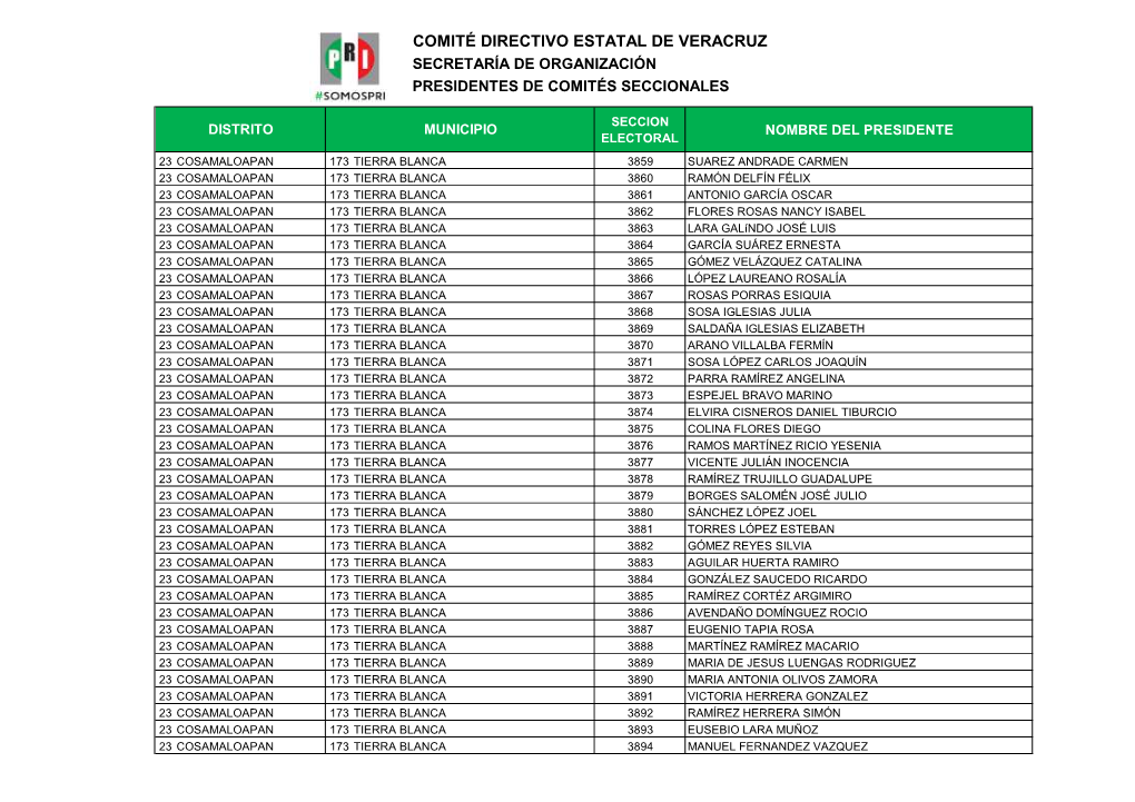 Comité Directivo Estatal De Veracruz Secretaría De Organización Presidentes De Comités Seccionales