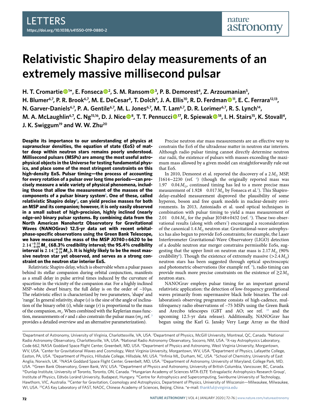 Relativistic Shapiro Delay Measurements of an Extremely Massive Millisecond Pulsar