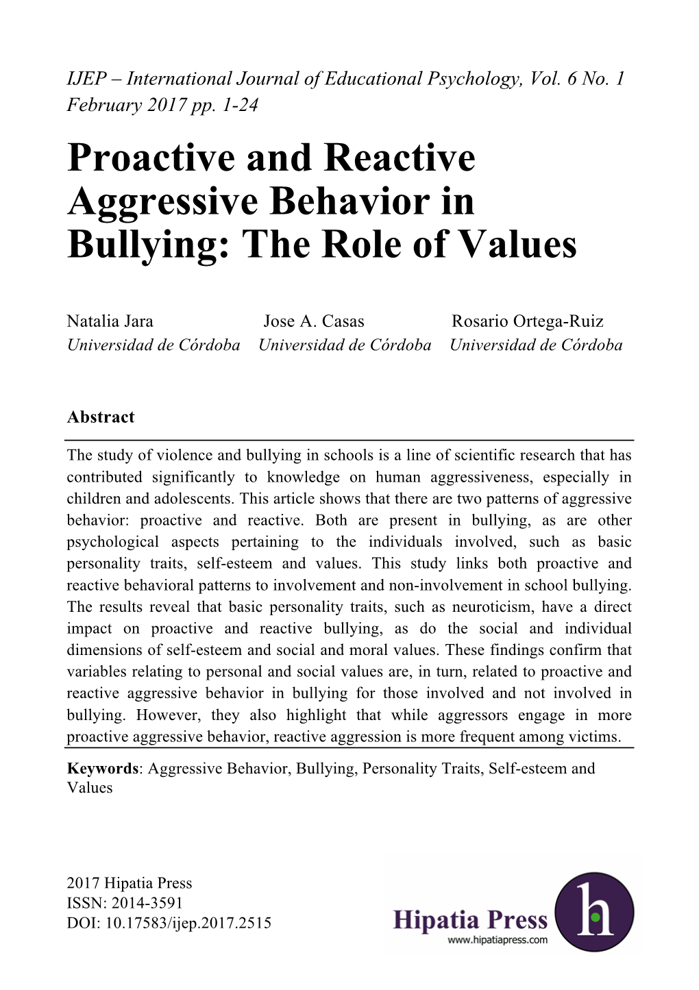 Proactive and Reactive Aggressive Behavior in Bullying: the Role of Values