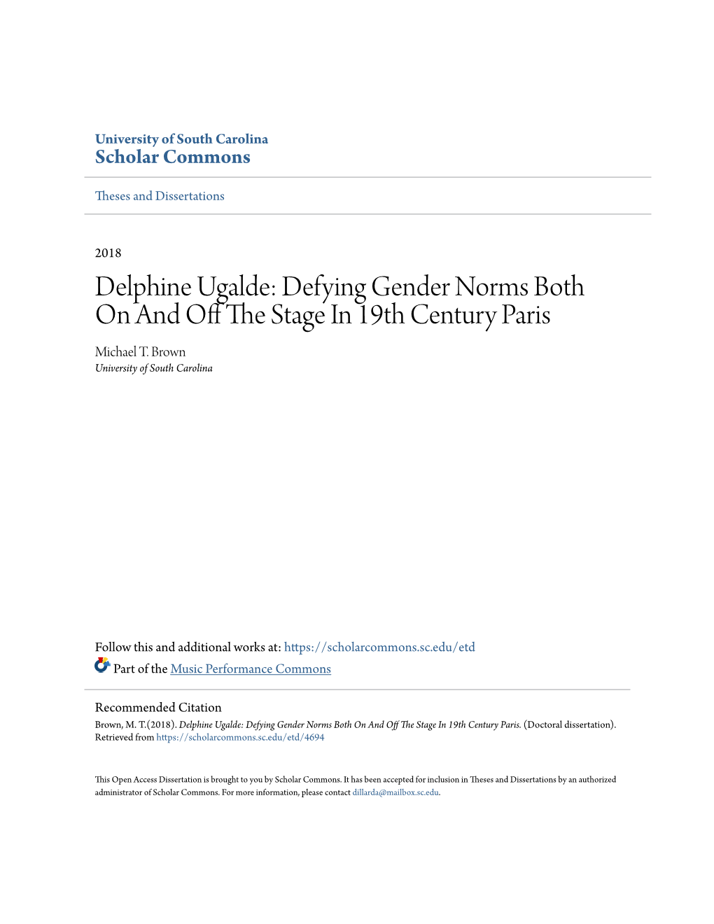 Delphine Ugalde: Defying Gender Norms Both on and Off Thet S Age in 19Th Century Paris Michael T