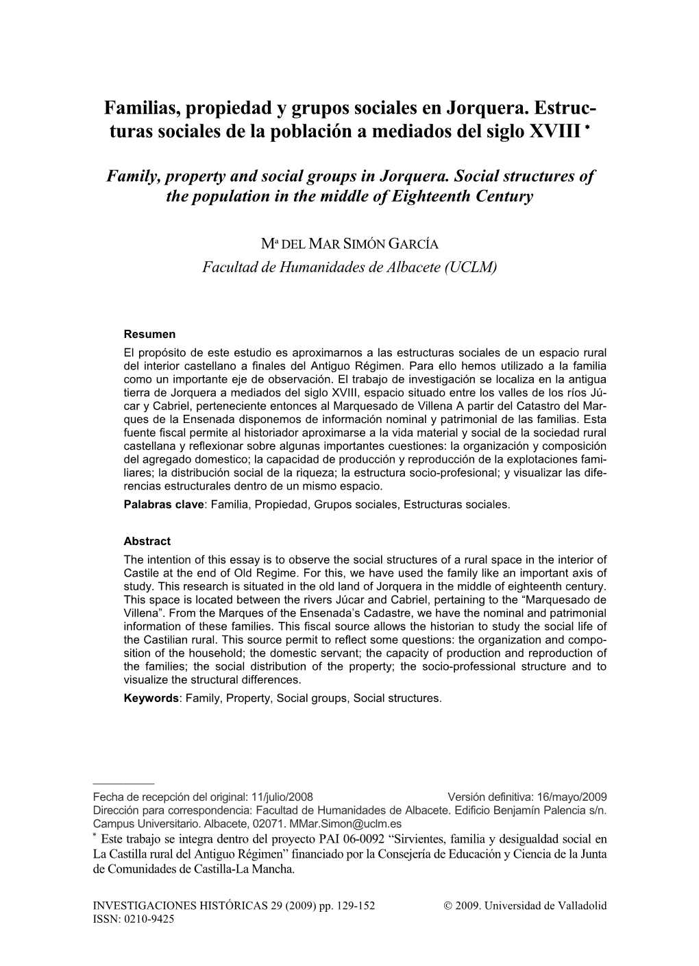 Familias, Propiedad Y Grupos Sociales En Jorquera. Estruc- Turas Sociales De La Población a Mediados Del Siglo XVIII ∗