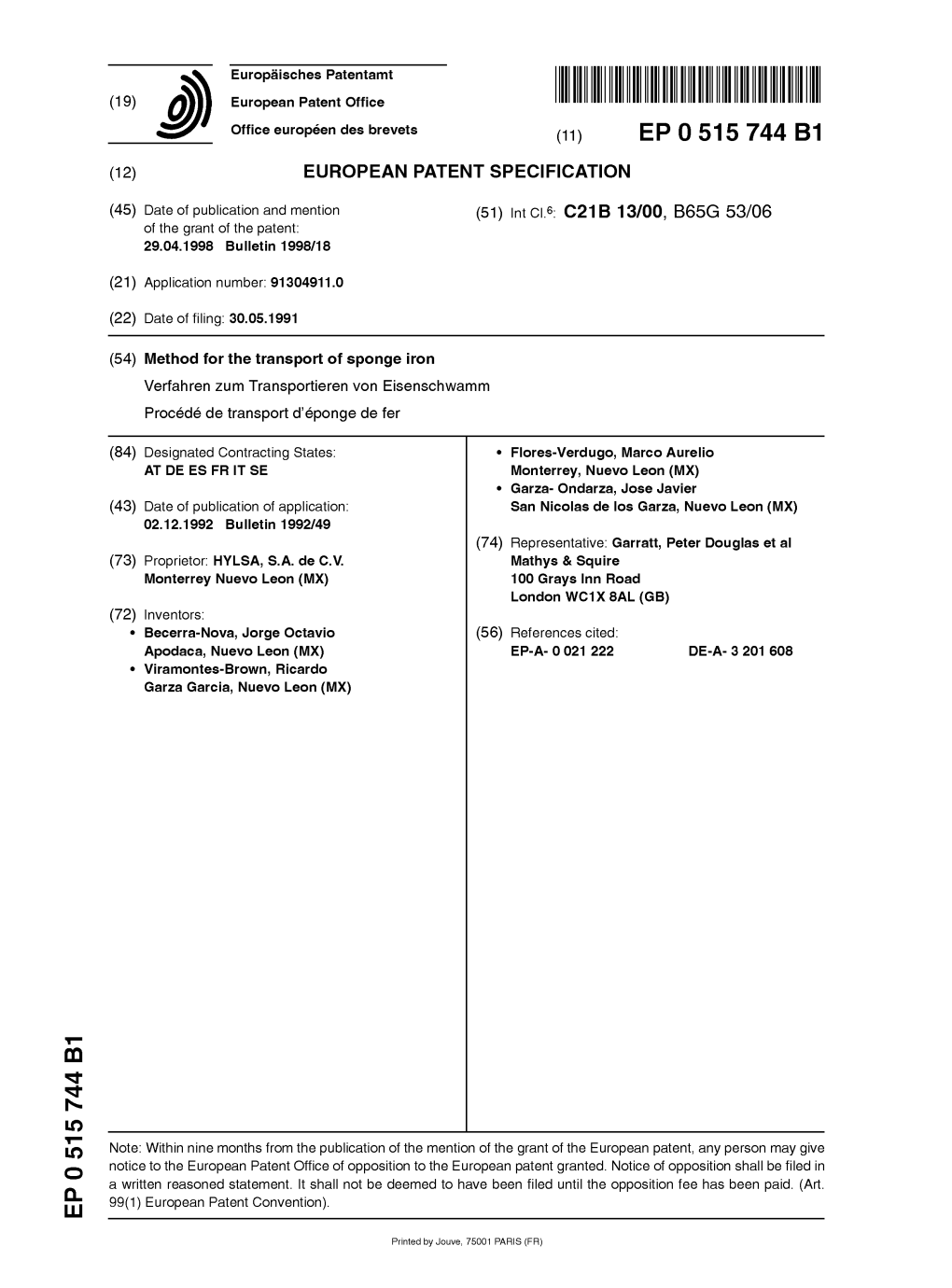 Method for the Transport of Sponge Iron Verfahren Zum Transportieren Von Eisenschwamm Procede De Transport D'eponge De Fer