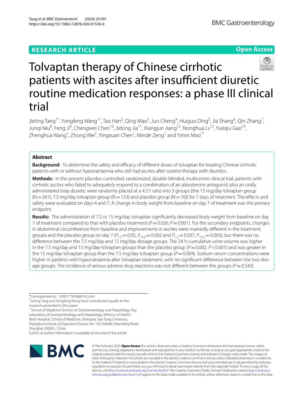 Tolvaptan Therapy of Chinese Cirrhotic Patients with Ascites After