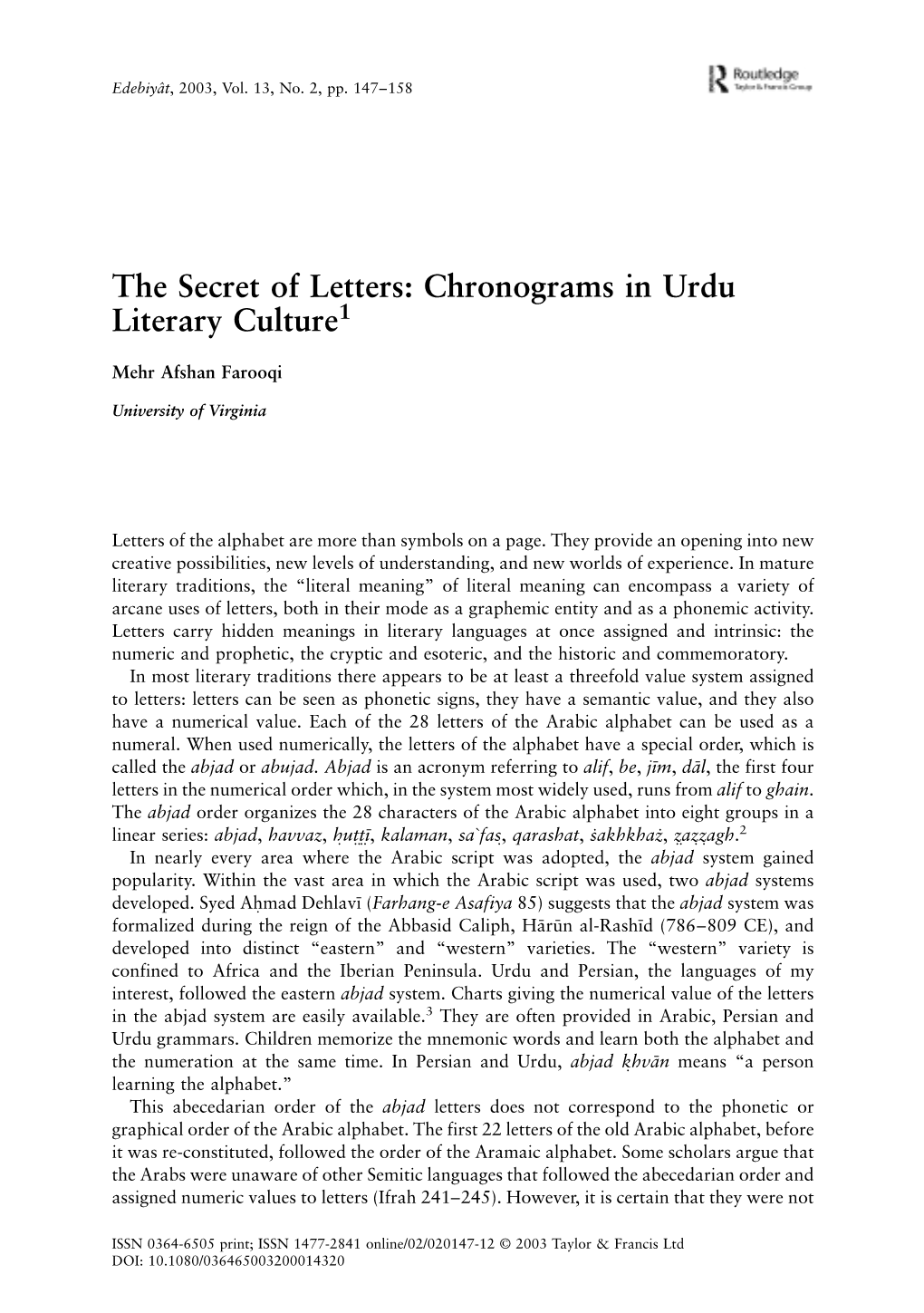 The Secret of Letters: Chronograms in Urdu Literary Culture1