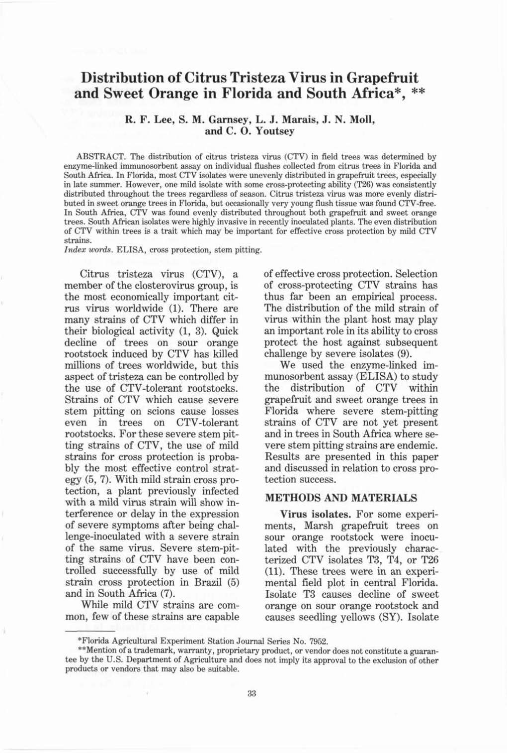 Distribution of Citrus Tristeza Virus in Grapefruit and Sweet Orange in Florida and South Africa*, ** R