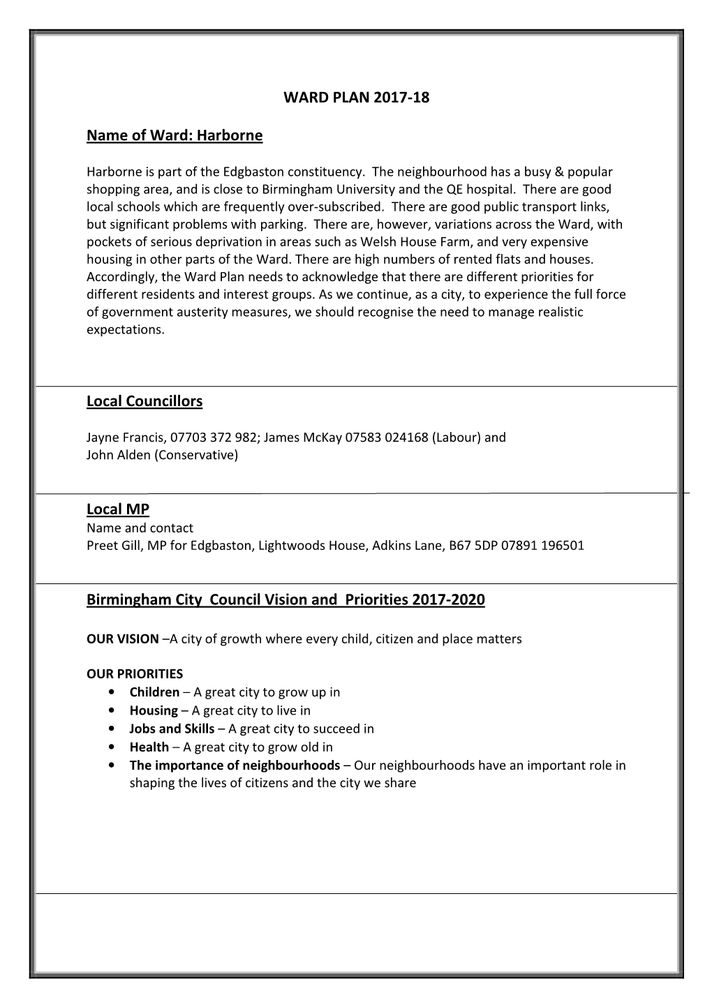 WARD PLAN 2017-18 Name of Ward: Harborne Local Councillors Local