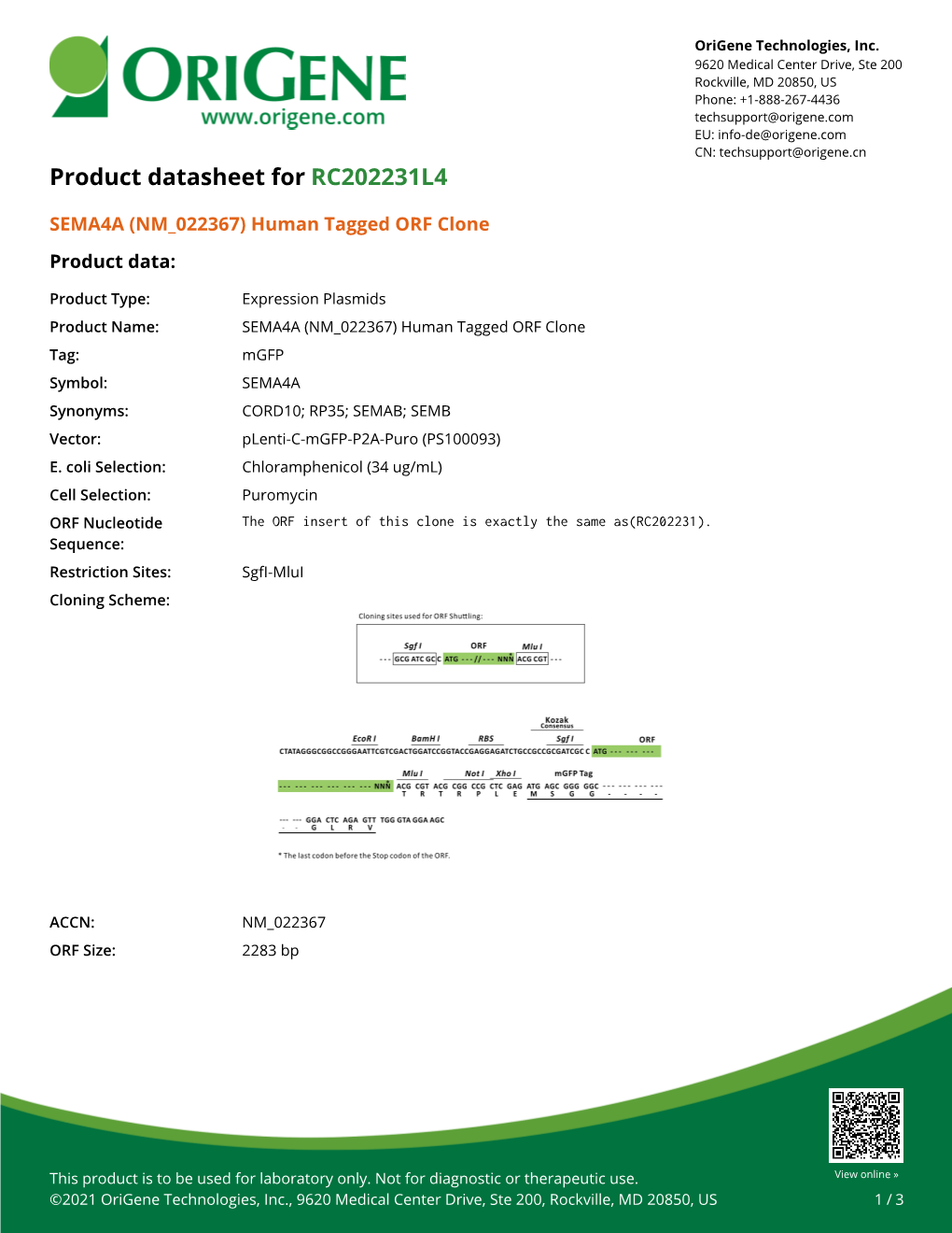 SEMA4A (NM 022367) Human Tagged ORF Clone Product Data