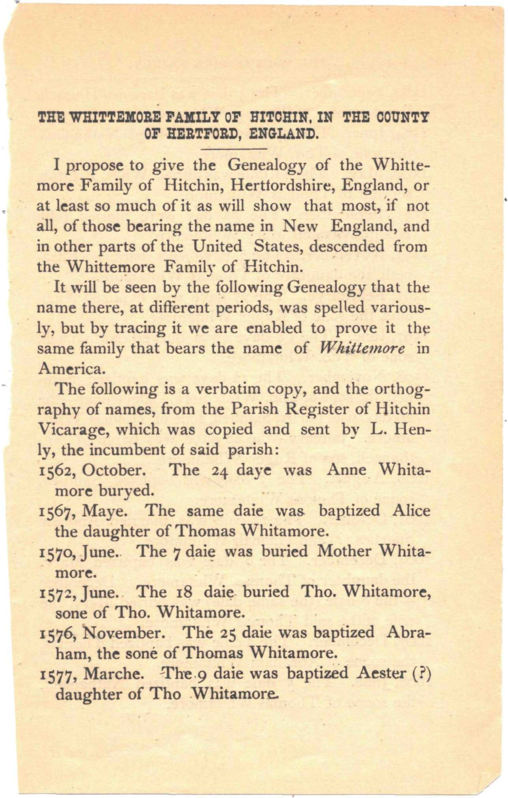 Whittemore Family of Hitchin, in the County of Hertford, England