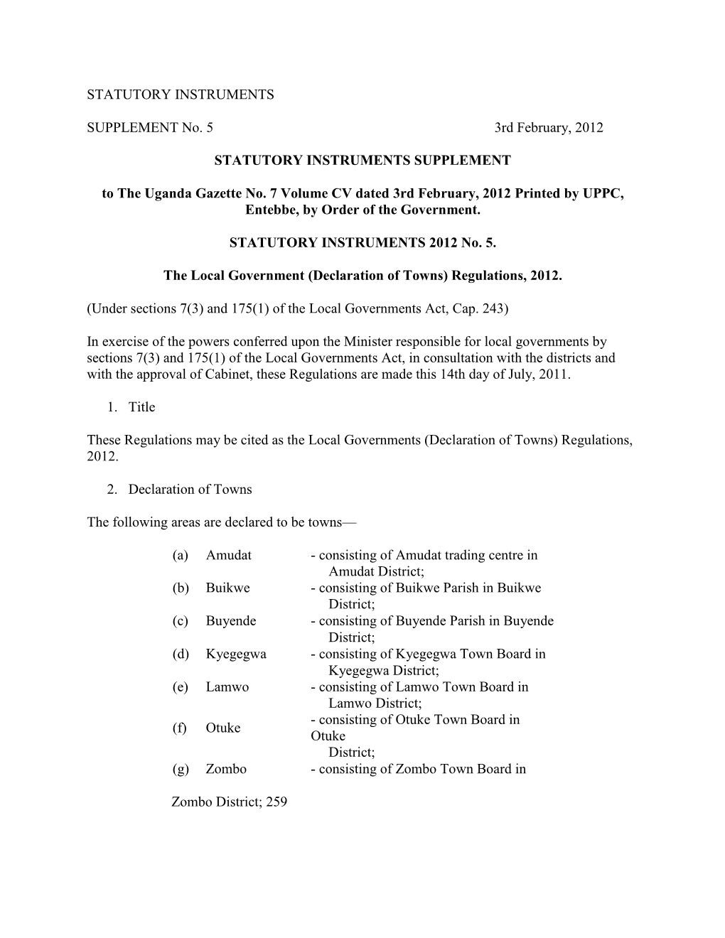 STATUTORY INSTRUMENTS SUPPLEMENT No. 5 3Rd February