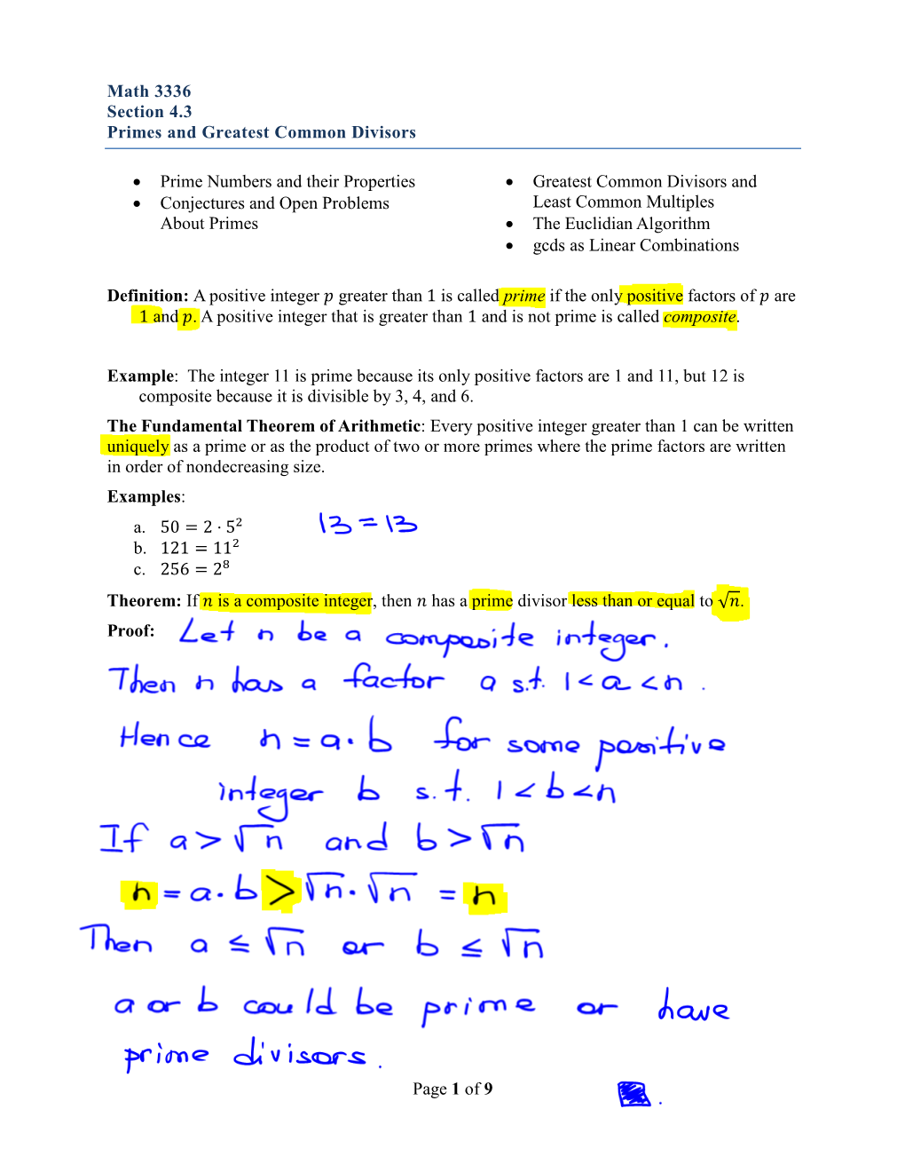 Of 9 Math 3336 Section 4.3 Primes and Greatest Common Divisors