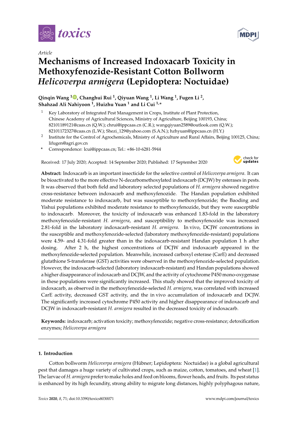 Mechanisms of Increased Indoxacarb Toxicity in Methoxyfenozide-Resistant Cotton Bollworm Helicoverpa Armigera (Lepidoptera: Noctuidae)