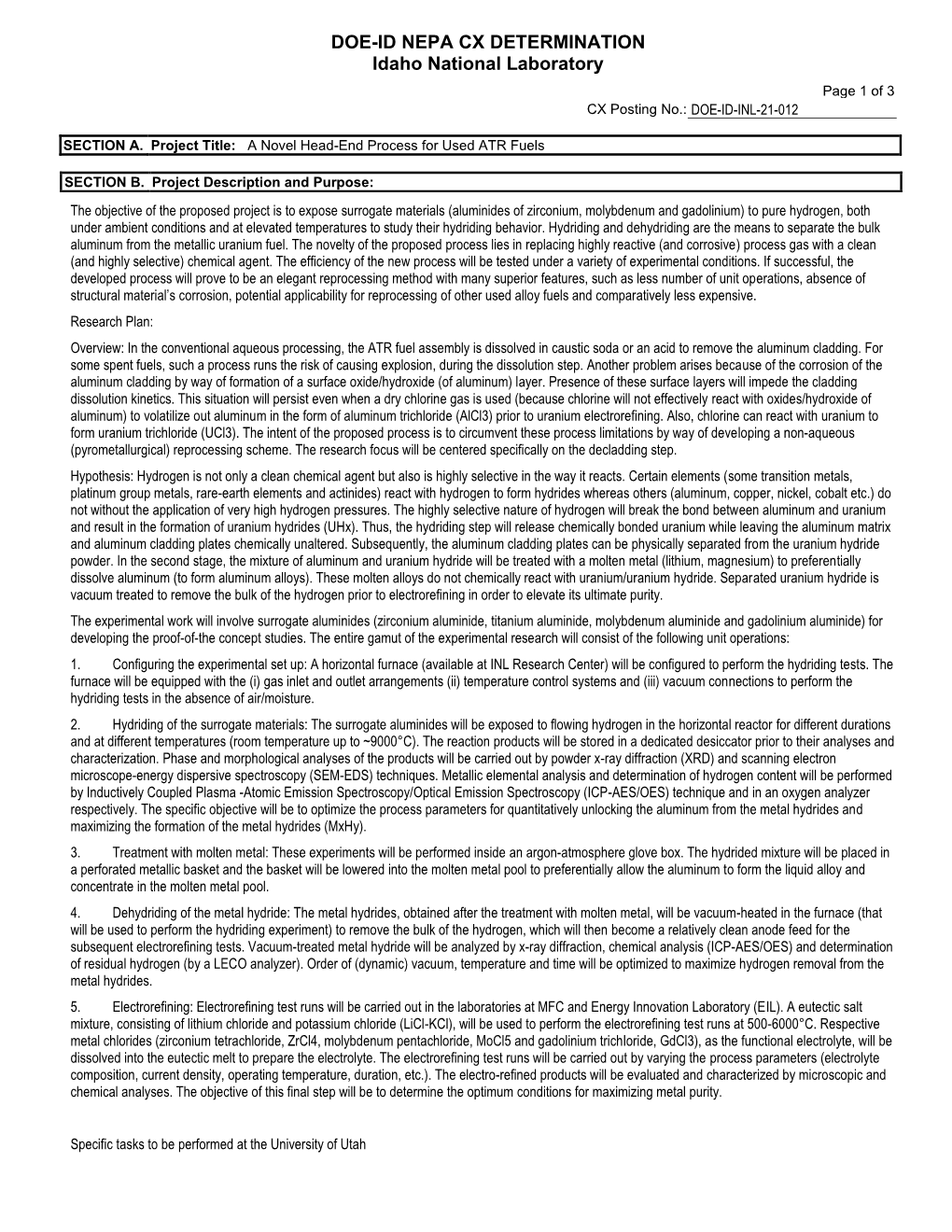 DOE-ID NEPA CX DETERMINATION Idaho National Laboratory Page 1 of 3 CX Posting No.: DOE-ID-INL-21-012