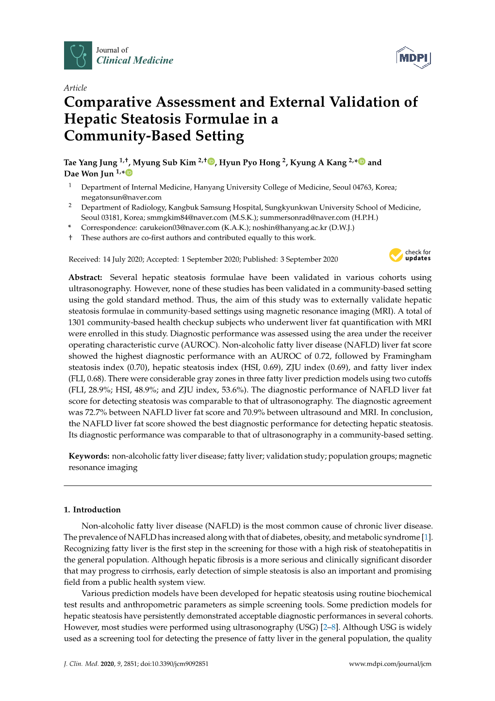 Comparative Assessment and External Validation of Hepatic Steatosis Formulae in a Community-Based Setting