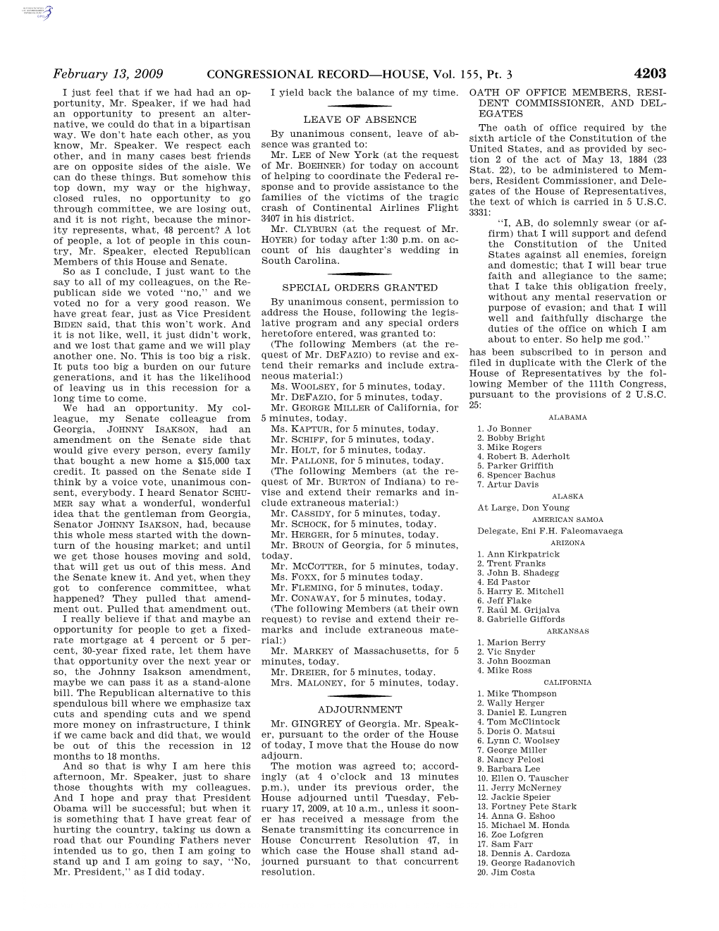 CONGRESSIONAL RECORD—HOUSE, Vol. 155, Pt. 3 February 13, 2009 21