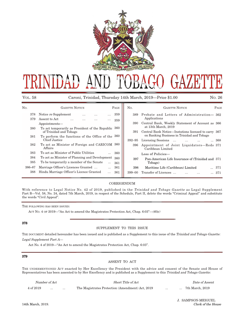 Gazette No. 26 Vol. 28, Thursday 14Th March, 2019