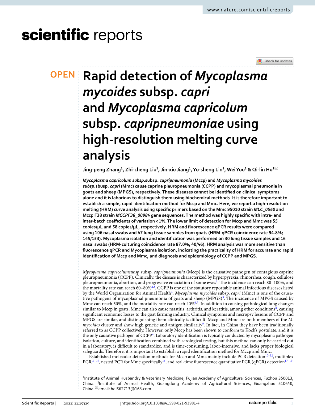 Rapid Detection of Mycoplasma Mycoides Subsp. Capri and Mycoplasma Capricolum Subsp