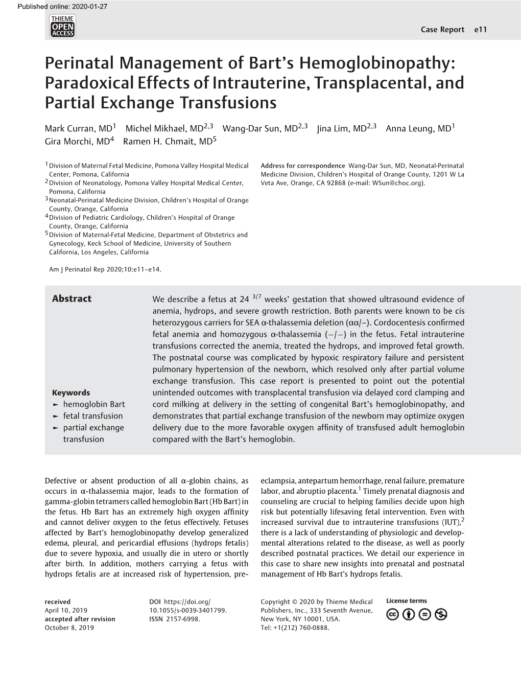 Perinatal Management of Bart's Hemoglobinopathy