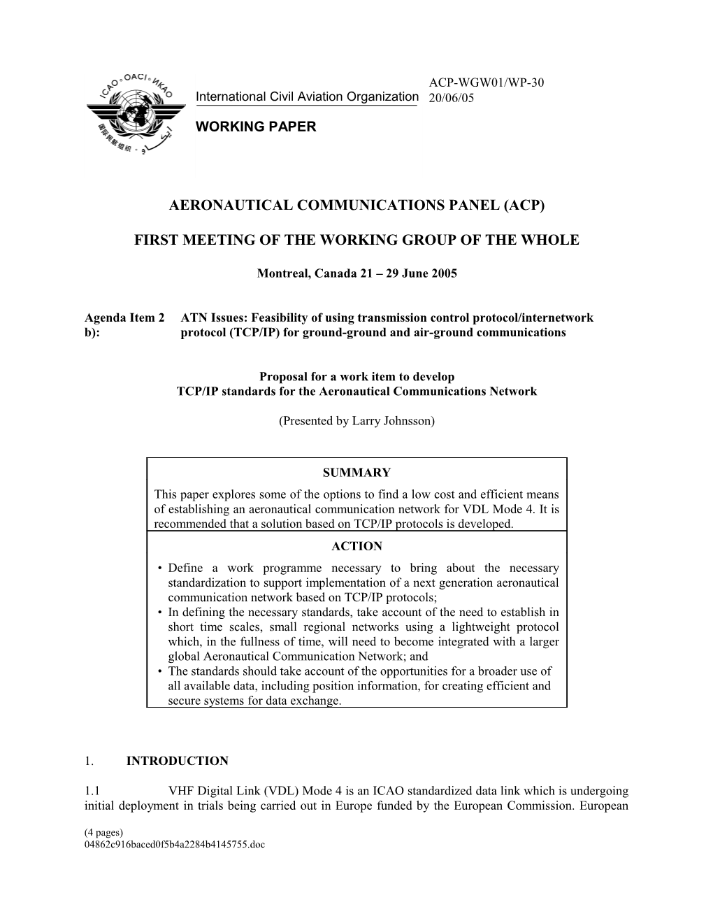 Proposal for a Work Item to Develop TCP/IP Standards for the Aeronautical Communications Network