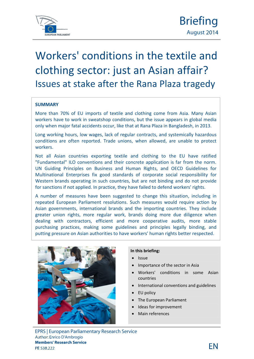 Workers' Conditions in the Textile and Clothing Sector: Just an Asian Affair? Issues at Stake After the Rana Plaza Tragedy