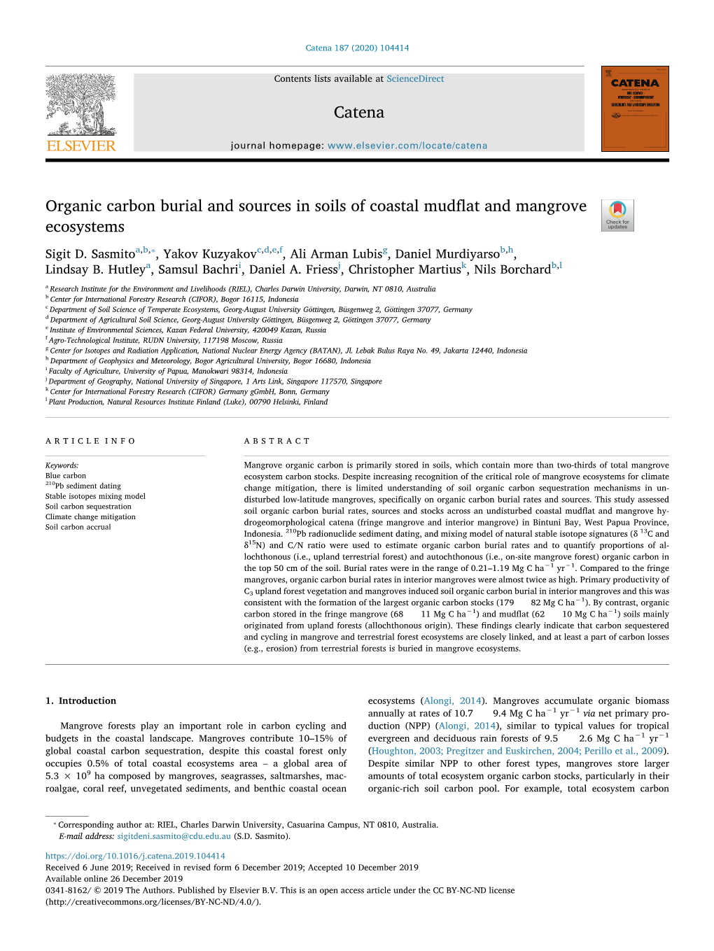 Organic Carbon Burial and Sources in Soils of Coastal Mudflat And