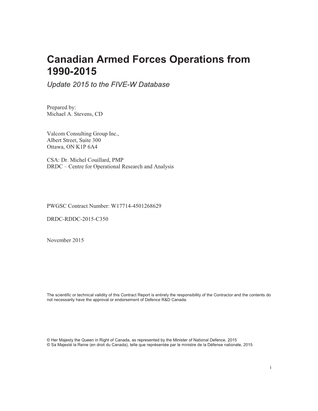 Canadian Armed Forces Operations from 1990-2015 Update 2015 to the FIVE-W Database