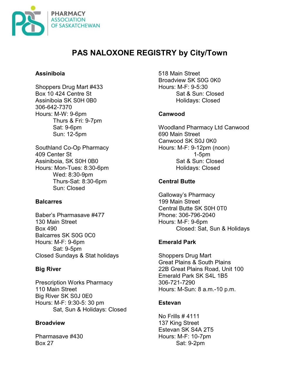 PAS NALOXONE REGISTRY by City/Town